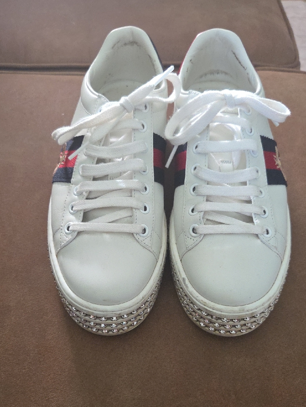 Gucci White Leather Platform Sneakers with Red & Navy Web